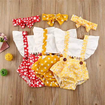 

2020 Summer New Newborn Baby Girl Ruffles Polka Dot Sleeveless Backless Romper Jumpsuit Headband 2pcs Outfit Sunsuit