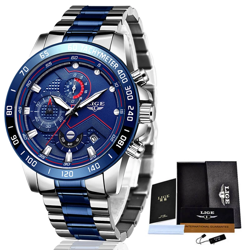 New Fashion Men Watch Lige Top Brand Analogue Clock Stainless Steel Waterproof Luminous Sports-6