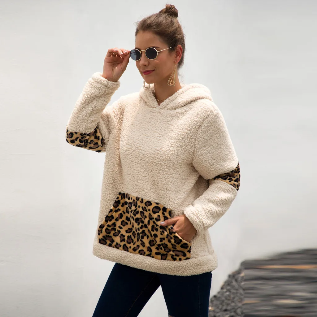 Vogue Teddy, женские толстовки, пушистый искусственный мех, с капюшоном, Леопардовый свитшот, пальто, теплое пальто с карманами, верхняя одежда Bluza damsk 8M3