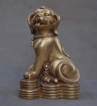 

old Chinese brass Feng Shui auspicious wealth yuanbao coin Zodiac dog statue