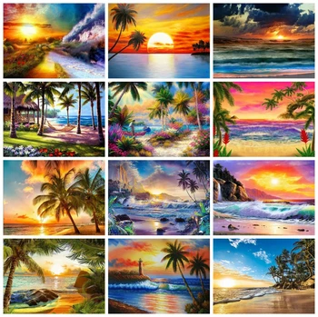 

HUACAN Full Drill Diamond Painting Landscape Seaside Diamond Embroidery Sunset Diamond Mosaic Cross Stitch Handicraft Wall Art