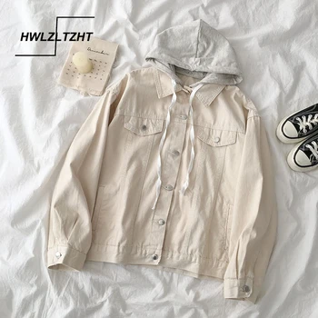 

HWLZLTZHT 2020 Autumn Jackets and Coats Hooded Women's Jens Jacket Removable Female Denim Jacket Loose woman Overshirt