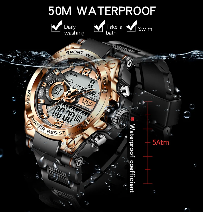 LIGE - Reloj militar resistente al agua para hombre, pulsera masculina, accesorio deportivo con doble pantalla para exteriores, de marca - Imagen 4