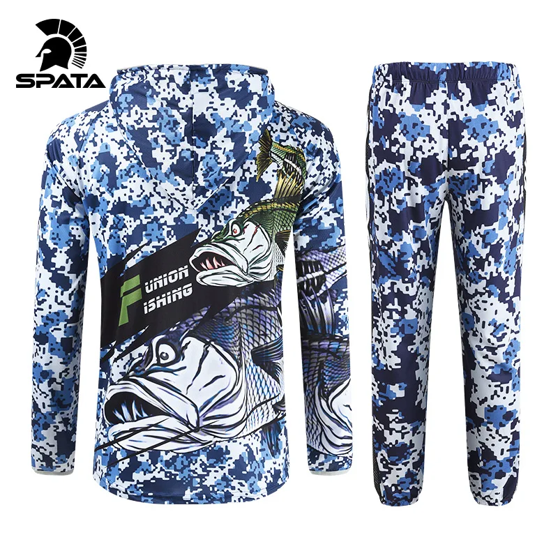 SPATA Quick Dry Bass Fishing Clothing Long Sleeve Camouflage Hooded Breathable Anti-UV Sun Protection Clothes Fishing Shirts
