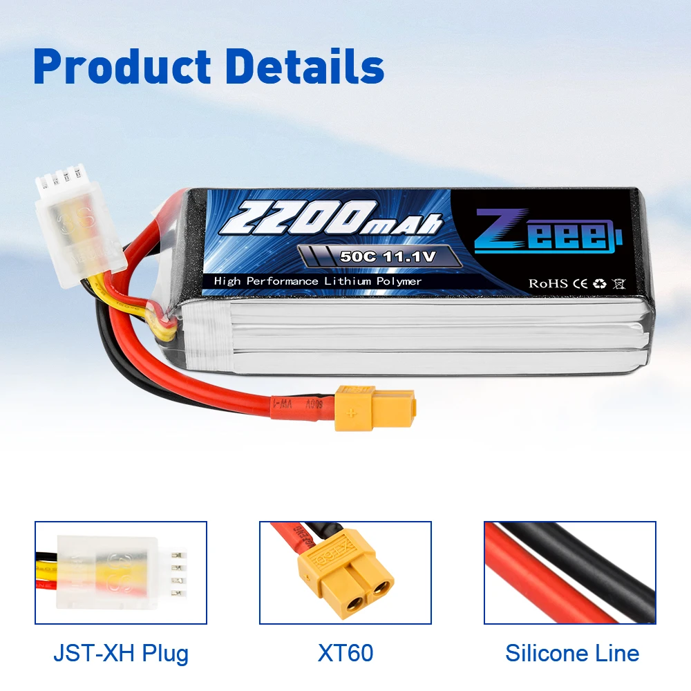 2PCS Zeee 3S Lipo Battery 11.1V 50C 2200mAh Lipo Battery with XT60