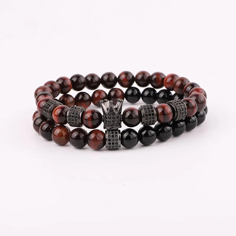 High Quality Natural Red Tiger Eye Onyx Stone Beads Cubic Zircon Charm Elastic Beads Bracelet Set Jewelry Men
