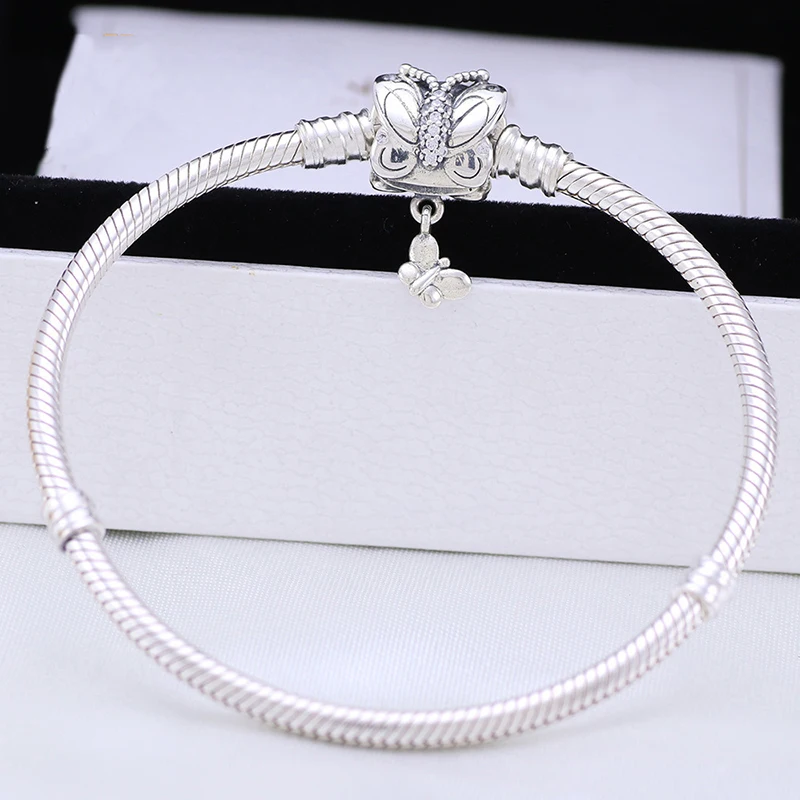

Real 925 Sterling Silver Moments Pan Bracelet Decorative Butterfly Clasp Snake Chain Bangle Fit Bead Charm Diy Europe Jewelry