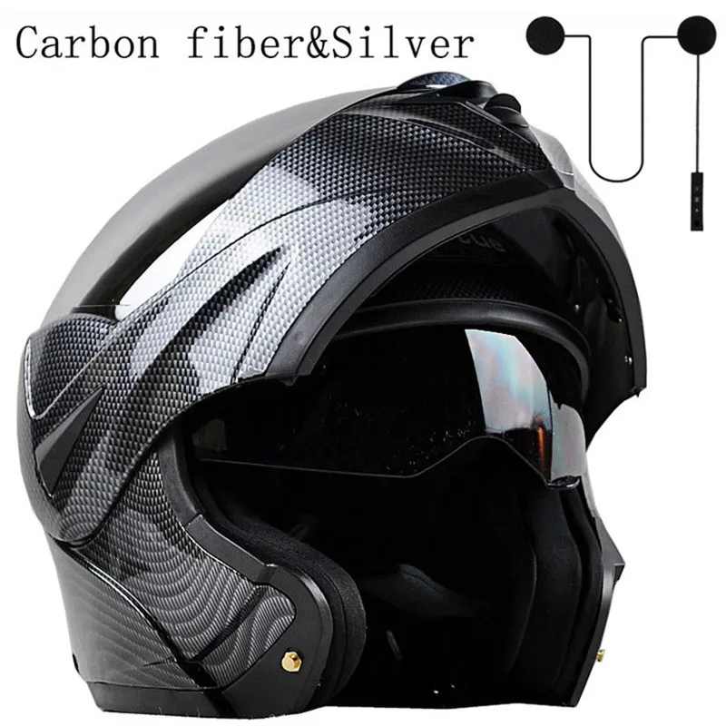 Мотоциклетный Bluetooth шлем из углеродного волокна с двойным козырьком в горошек модульный флип-кейс для мотокросса уличный велосипед+ гарнитура - Цвет: carbon silvers set