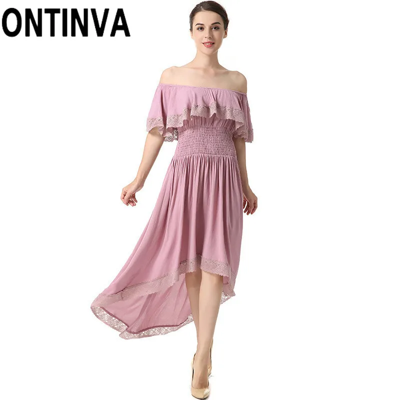 

Sexy Irregular Pink Dress with Lace Ruffles Cloak Sleeve Off Shoulder Slim Waist High Low Midi Dress Summer Beach Holiday Style