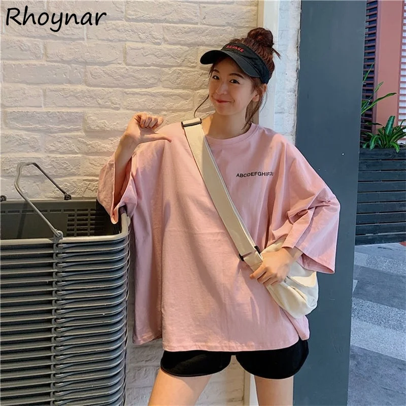 

T-shirts Women O-Neck Letter Leisure Students Korean Style All-match Loose College Three-quarter Sleeve Feminine Camisetas Chic