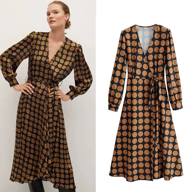 

Long Dresses 2020 Women Dot Print Bohemian Maxi Sashes Dress Casual Long Sleeve V Neck Party Dress Vestidos