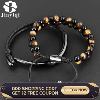 

2pcs/Lot Men Bracelet Natural Tiger Eye Stone Beaded Stainless Steel Clasp Leather Wrap Wristband Friendship Bangle Male Jewelry