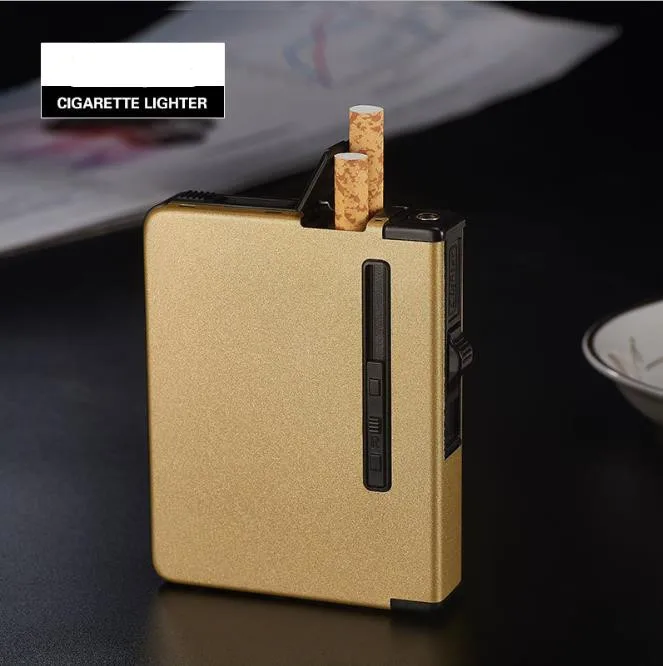 12 сигарет) Модный матовый многофункциональный чехол для сигарет коробка для сигар ветрозащитная надувная газовая зажигалка для курильщика подарок для мужчин без газа - Цвет: Gold