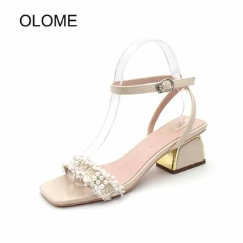 

Summer New Shoes Women Med Heels Sandals Elegant Ladies Leisure Footware with pearls Female Casual Chaussures zapatos de mujer