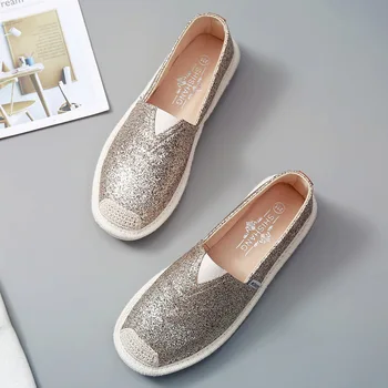 

Women Flat Shoes Casual Loafers Round Toe Bling Canvas Female Black White Flats Shallow Single Shoes For Gilrs Footwear
