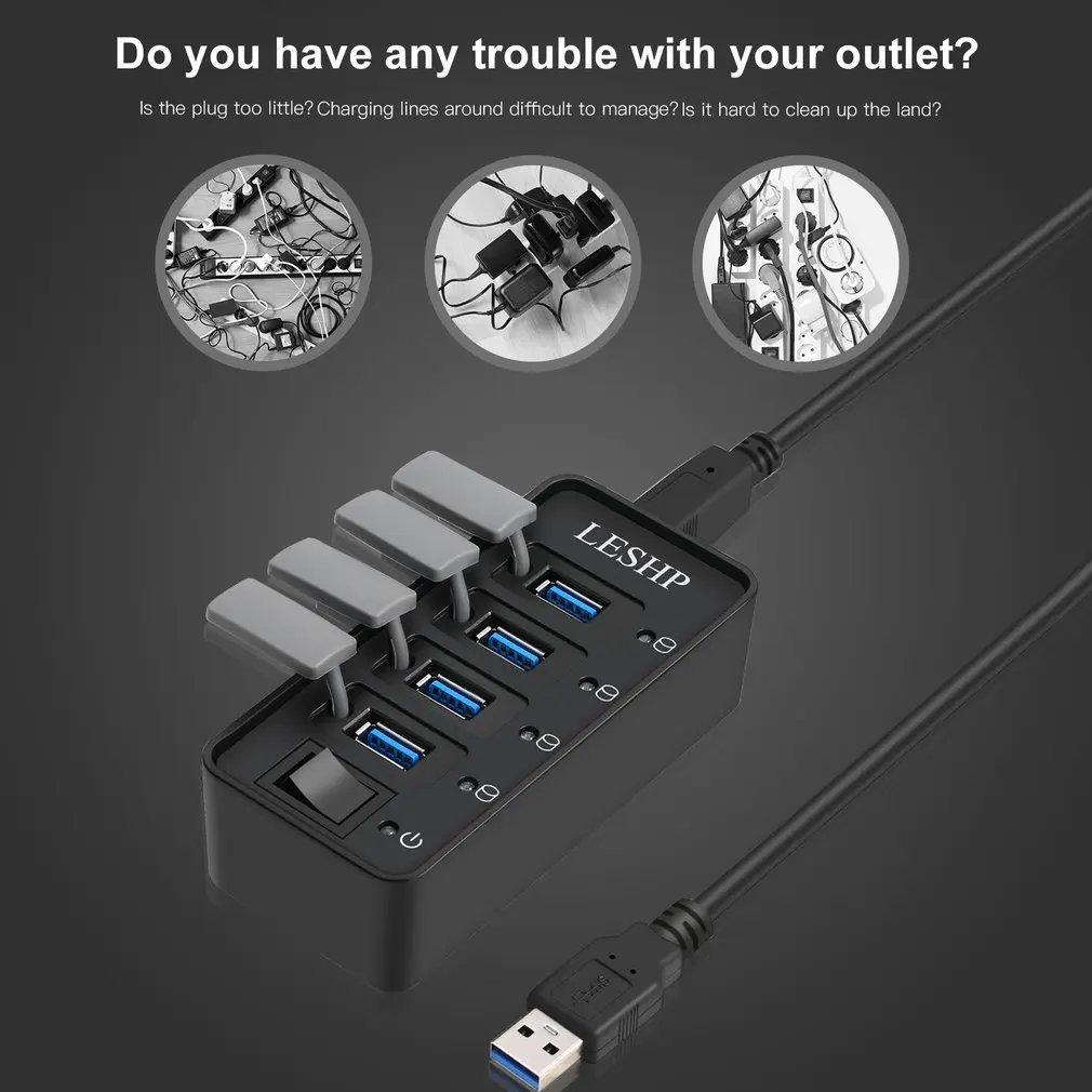 4 порта USB 3,0 концентратор Высокоскоростной 5 Гбит/с USB 3,0 концентратор данных разветвитель со светодиодами и переключателем внешний адаптер питания для ПК ноутбука