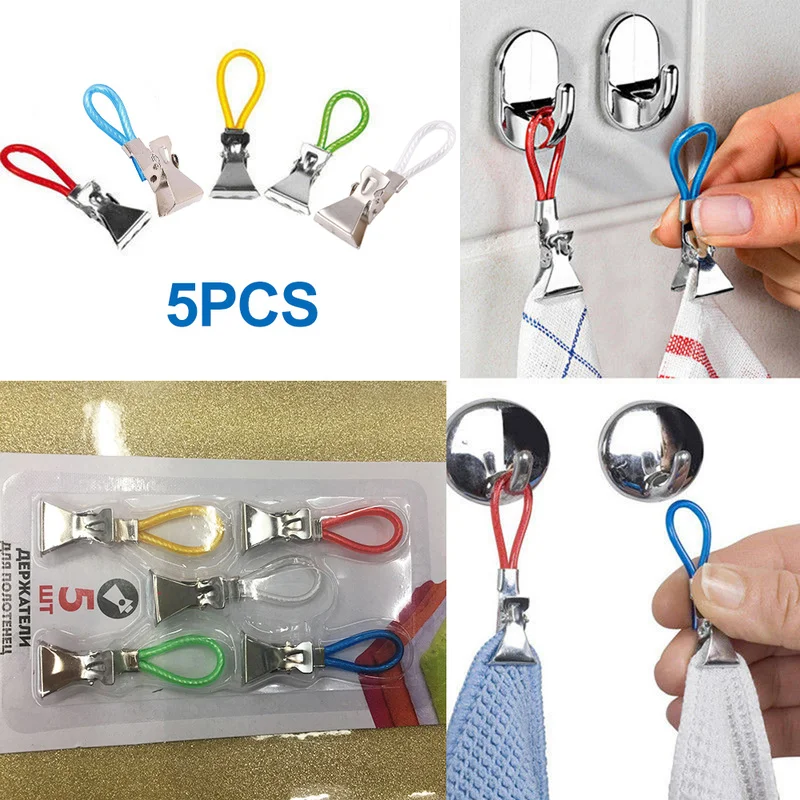 

5pcs Tea Towel Hanging Clips Metal Clip on Hooks Loops Hand Towel Hanging Clips for Kitchen Bathroom Beach Bathroom Accessories