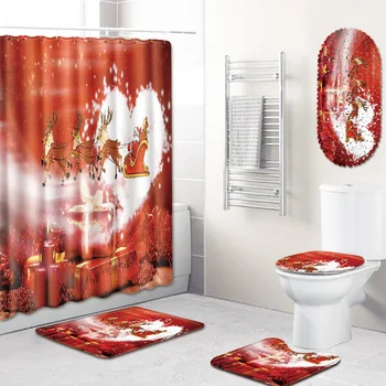 

Christmas Bathroom Shower Curtain Mat Non-Slip Absorbent Carpet Mats Five-Piece Set