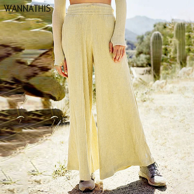 

WannaThis Wide Leg Pants Autumn Women Solid Ribbed Pleated Elastic Ruffles High Waist Casual Loose Culottes Trousers Holiday