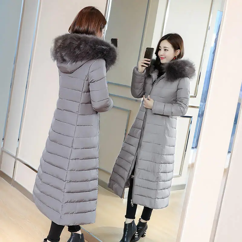 4XL пуховое хлопковое пальто, женская Длинная зимняя куртка, парка, пальто, большой размер, с капюшоном, с меховым воротником, теплые плотные куртки, зимние женские Q2051