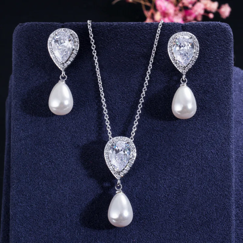 Fashion Luxury 925 Sterling Silver AAA Zircon Water Drop Pearl Earrings Two Piece Jewelry Sets Engagement Wedding | Украшения и