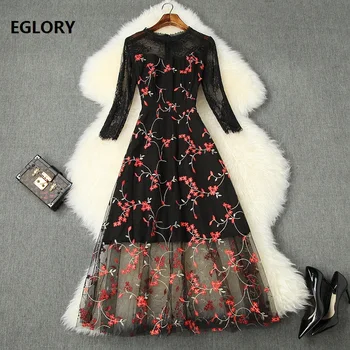 

Formal Party Lace Elegant Dresses 2020 Spring Style Women Sexy Tulle Mesh Embroidery 3/4 Sleeve Mid-Calf Length Black Dress Club