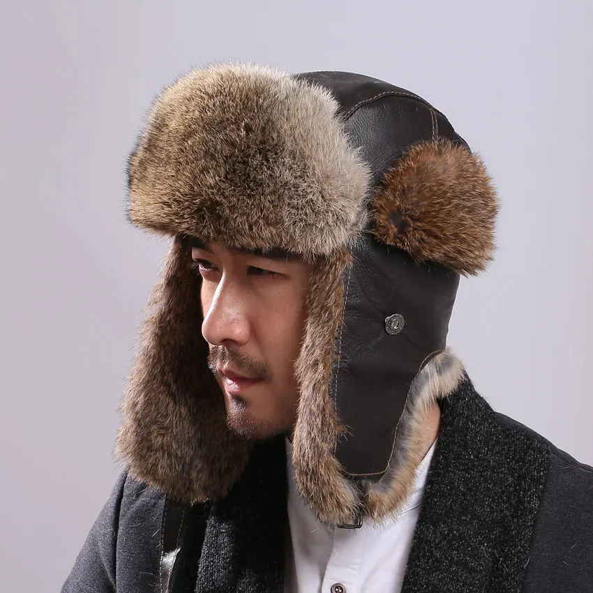 Thick Warm Bomber Hat Men Real Rabbit 