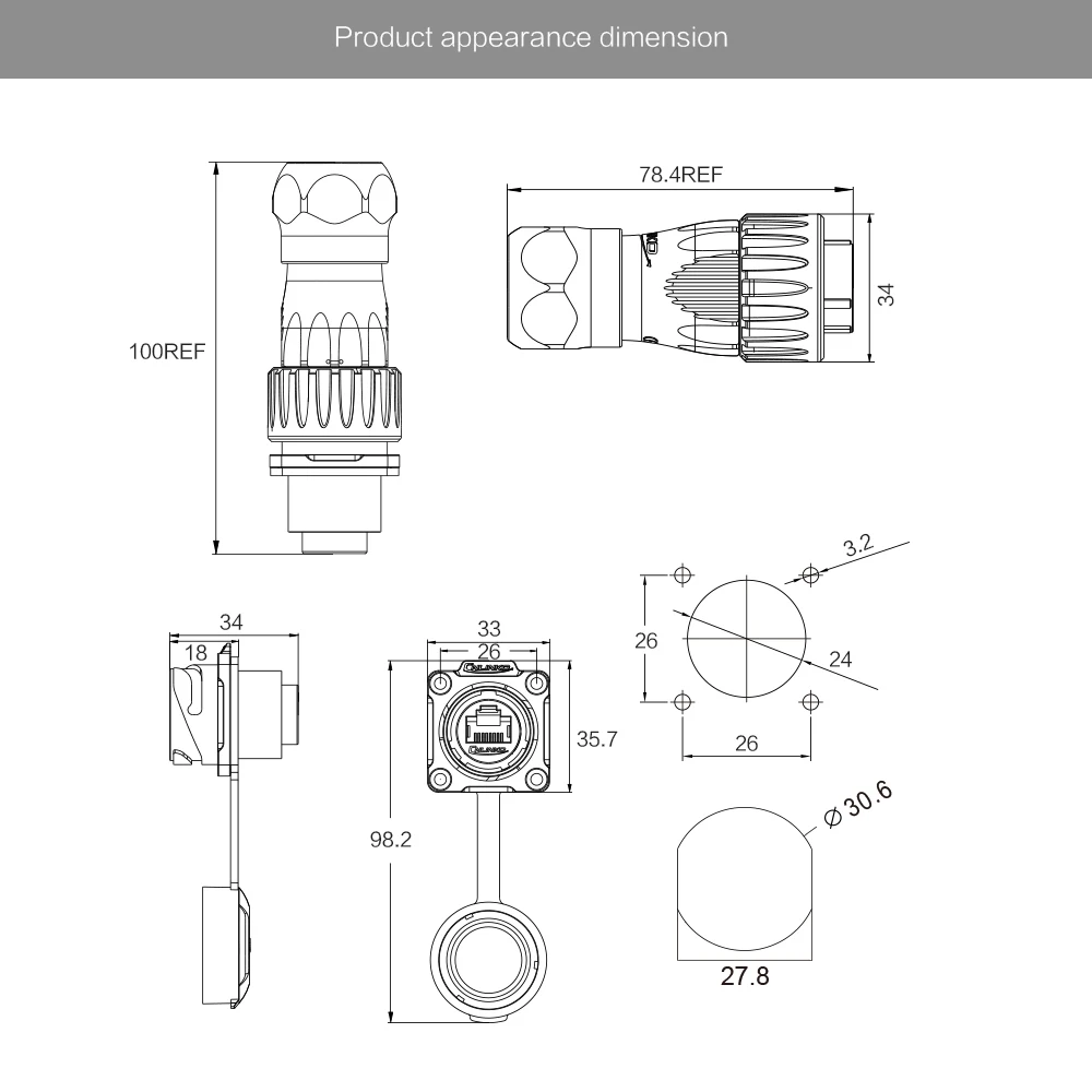 M24 UL CE 8 Pin 8P8C Outdoor RJ45 Cable Ethernet Plug Socket Connector Dustproof Waterproof Cover IP67 Panel Jack Signal Adapter