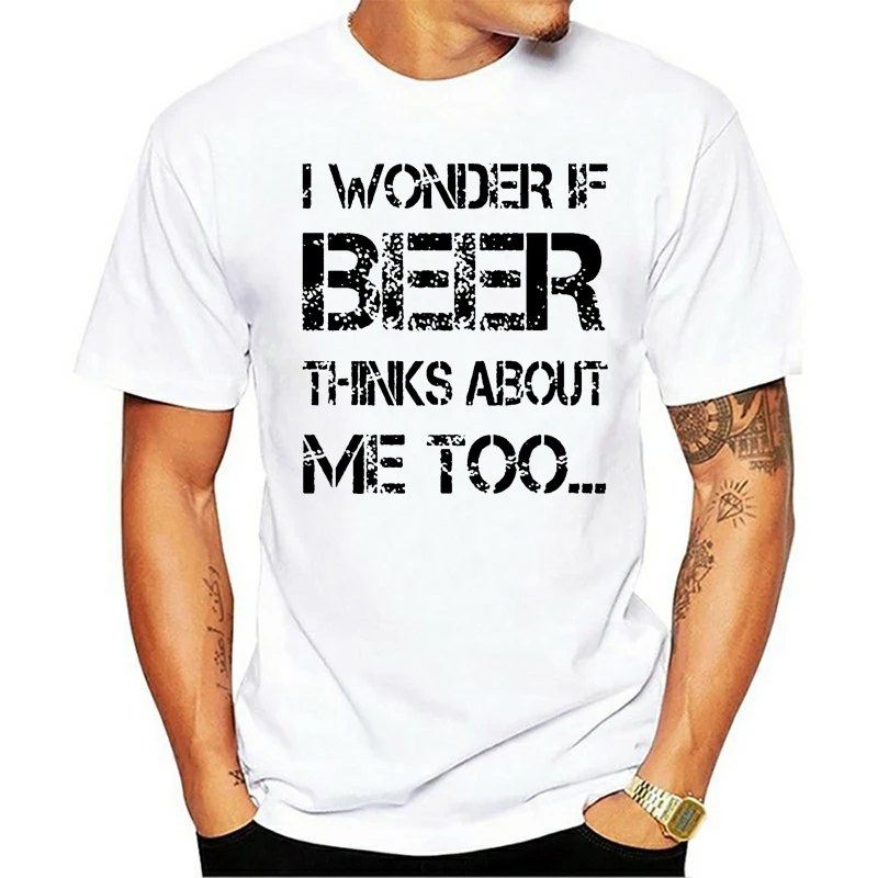 

t shirt TOO FUNNY BREWING DRINKING MENS I WONDER IF BEER THINKS ABOUT ME SHIRT ZM1