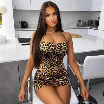 

InstaHot Sexy Leopard Ladies Dress Spaghetti Strap Mini Backless Lace Up Women Summer Sleeveless Print Slim Club Party Dress