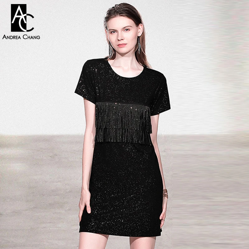 

M-XL spring summer woman dress tassel chest shiny black white mini dress short sleeve o-neck fashion casual loose mini dress