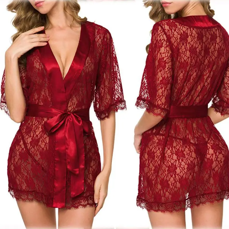 Женское прозрачное Сетчатое кимоно, халат, открытая Цветочная кружевная ночная рубашка 19QF - Цвет: Красный