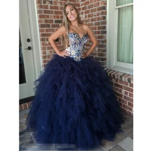 Хрустальное темно-синее бальное платье Бальные платья сладкое сердце Major Бисероплетение ниспадающие оборки Формальные вечерние платья для милых