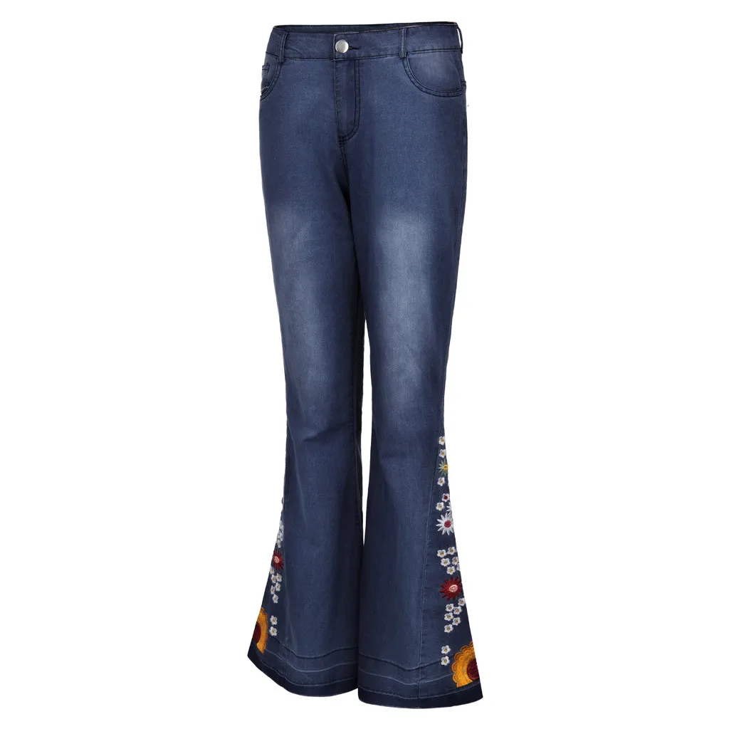 Women's Jeans Embroidery Slim Stretchy Denim Waist Jeans Oversized Long Flare Pants Light Blue Trousers For Women#J30