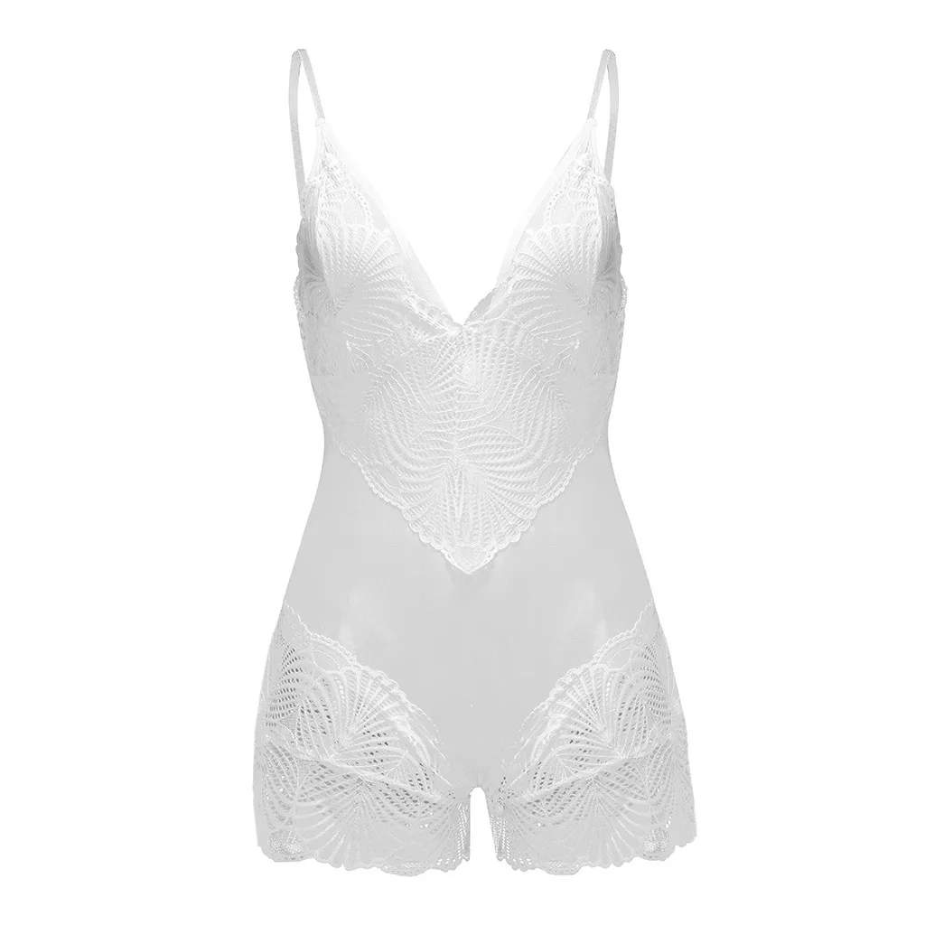 White New One Piece Sexy Bodysuits Women Mesh Lace V-Neck Teddy Lingerie Jumpsuit Underwear Bodysuits Seamless Teddies Lingerie - Цвет: White