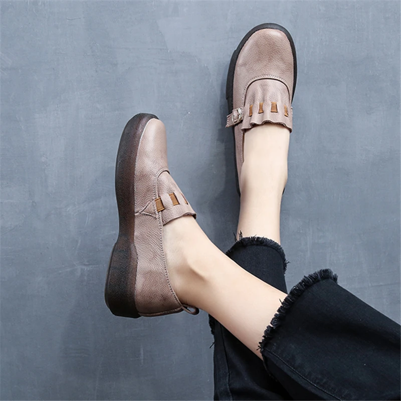 Women Leather Loafers Plus Size 43 Genuine Leather Gray Shoes Autumn Ladies Flats Casual Shoes Women Handmade Moccasin Lazy Shoe