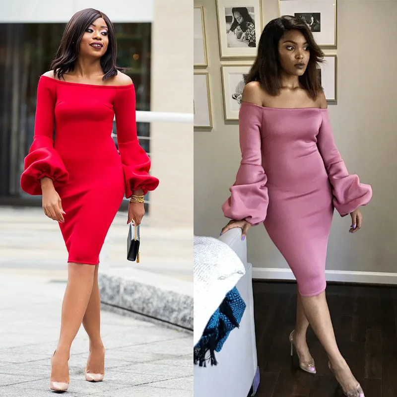 

Office Lady Casual Women's One-shoulder Pencil Dress Pile of Long Sleeves Knee Length Patchwork 2019 Autumn New Arrival