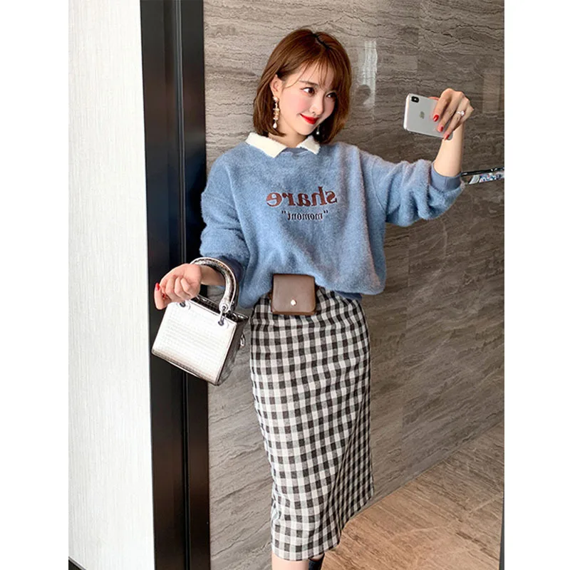 

Plush Sweater + Online Celebrity Elegant Plaid Skirt Two-Piece Set Skirt WOMEN'S Dress 2019 Autumn And Winter Europe And America