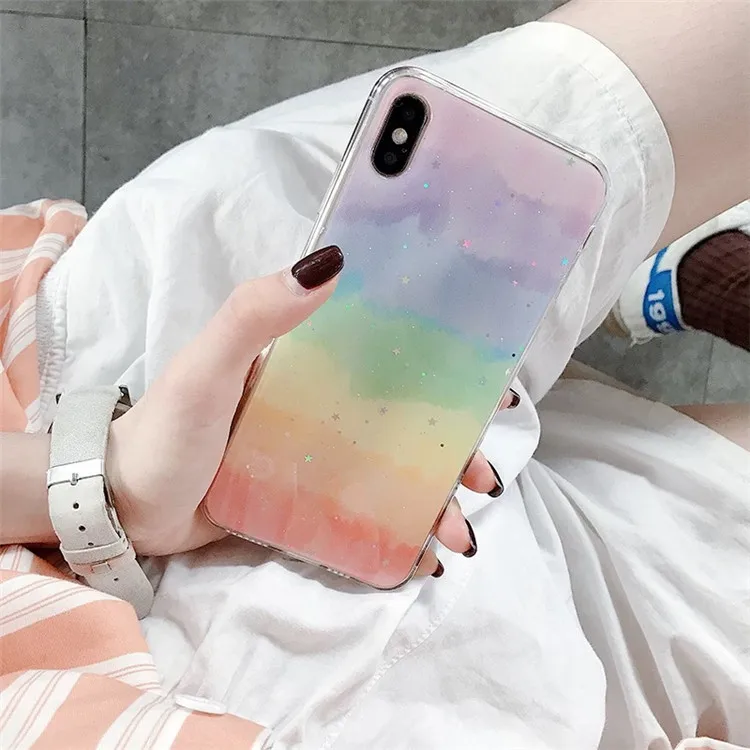 Japanese Retro Simple rainbow Gradient Glitter Phone case silicone cover for coque iPhone 7 7 Plus 6 8 6s Plus X XR xs max case