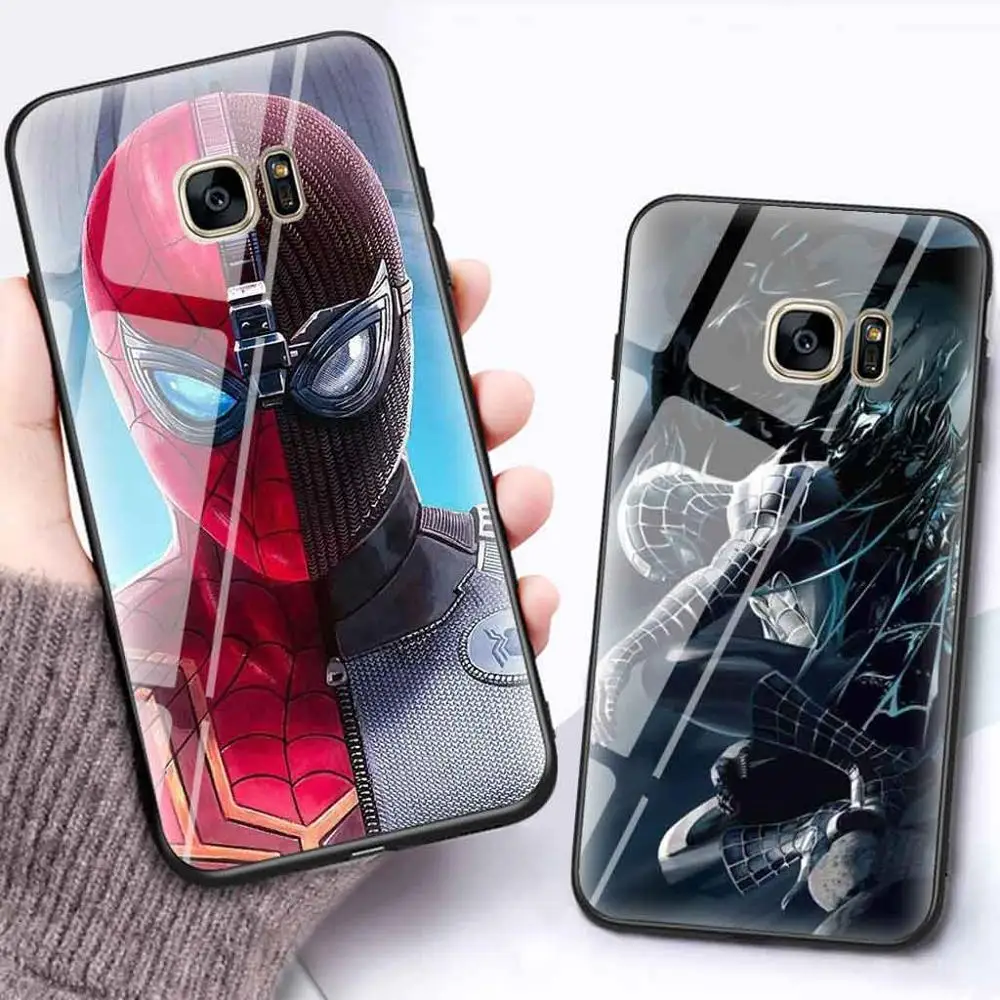 

Luxury Marvel Glass Phone Case For Samsung Galaxy S6 S7 S8 Plus Edge S8 S9 Note8 Iron Man Spiderman Cartoon Hard Coque Cover