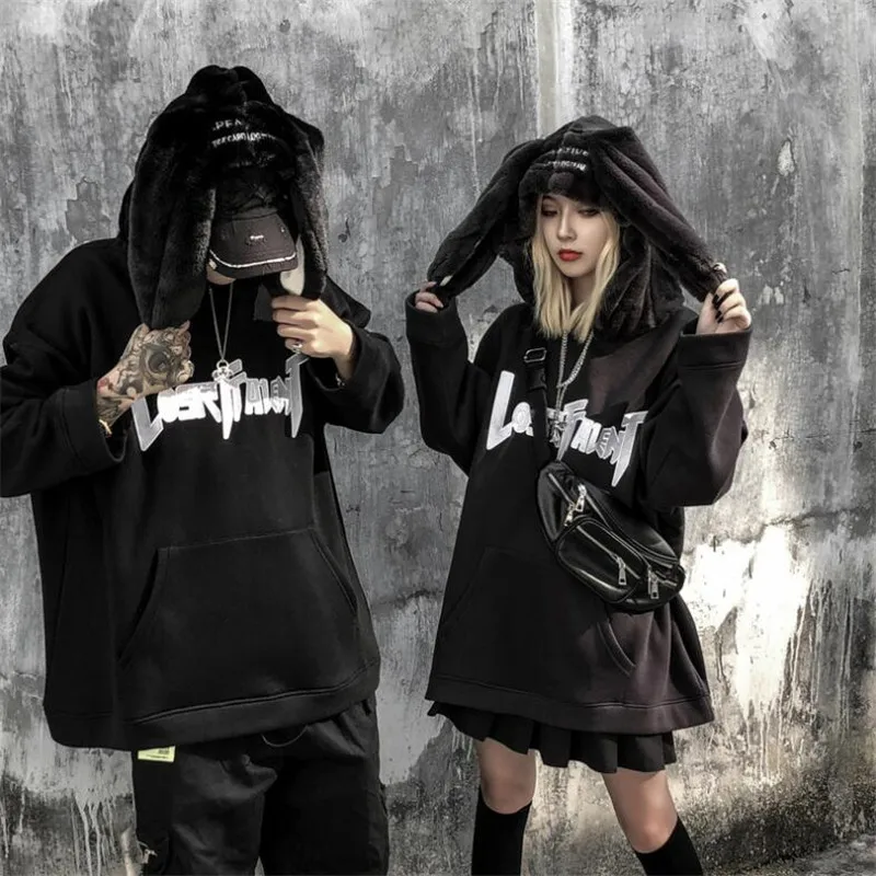2020 New Autumn Winter Plush Hip Hop Hoodie Couple Rabbit Ear Personality Fashion Black Sweatshirt Long Sleeve Men Women Top | Мужская