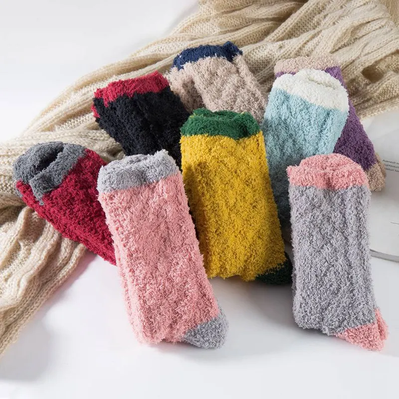 1 пара, милые мягкие женские пушистые носки в стиле пэчворк коралловые бархатные зимние теплые домашние носки-тапочки для девочек, махровые Пушистые Носки
