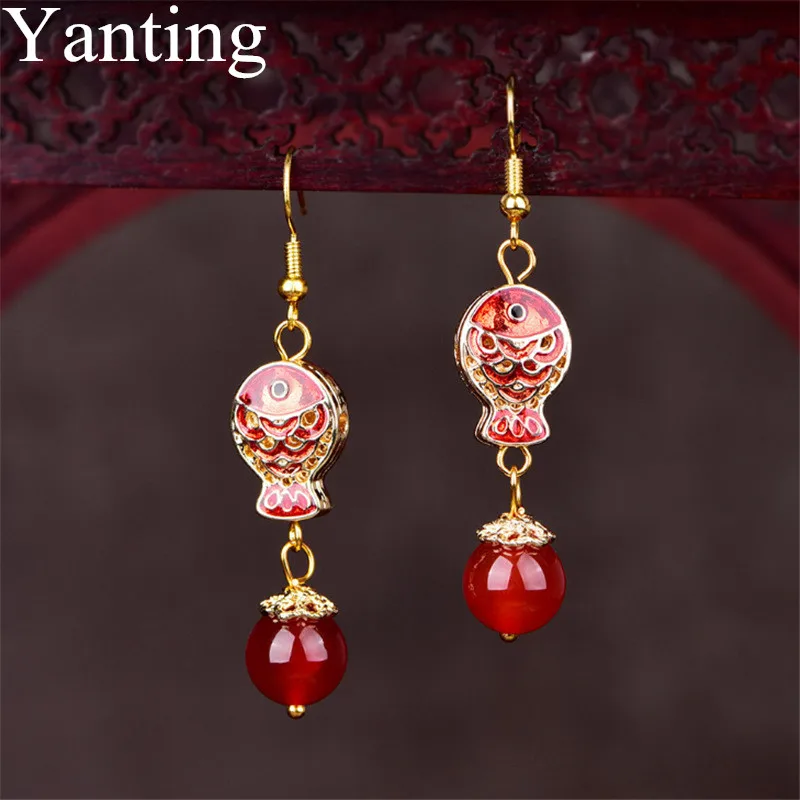 Yanting Винтажные серьги-рыбки из перегородчатой ткани с натуральным красным камнем, массивные серьги, подарки для женщин, этнические серьги-капли, Прямая поставка 048