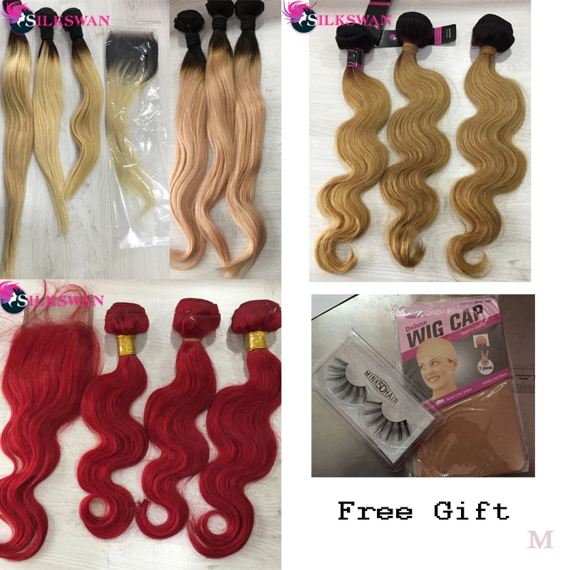 

Silkswan Human Hair Clearance Color Hair Bundles with closure Brazilian Hair Extensions Free Shipping Remy Hair