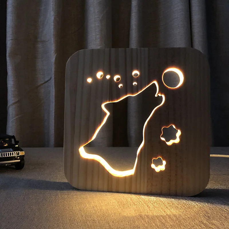 wolf Деревянный светодиодный ночник в форме животных 3D USB заряжающаяся настольная лампа украшение для спальни L9#2 - Цвет: wolf