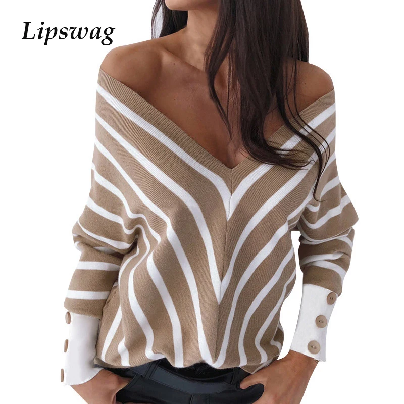 Lipswag, сексуальные женские блузки в полоску с глубоким v-образным вырезом, элегантные пуловеры с открытыми плечами, Осенние повседневные блузы на пуговицах с длинным рукавом