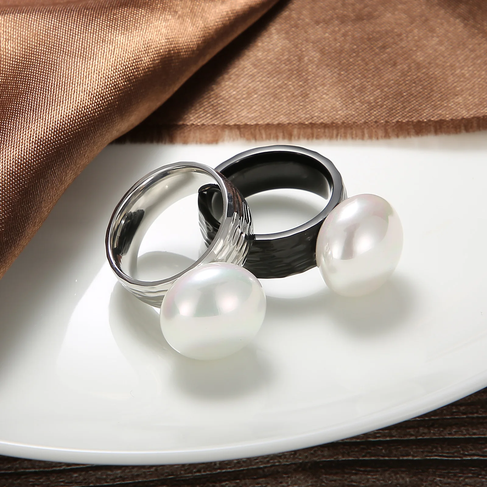 Stainless Steel Rings: KALEN Fashion Stainless Steel Rings for Women Gold Color Black Imitation Pearl Charm