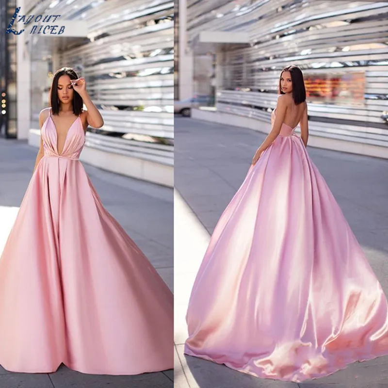LAYOUT NICEB Pink Prom Dress Spaghetti Sexy Backless Deep V Neck Formal Party Gown vestidos de fiesta de noche Vintage Evening