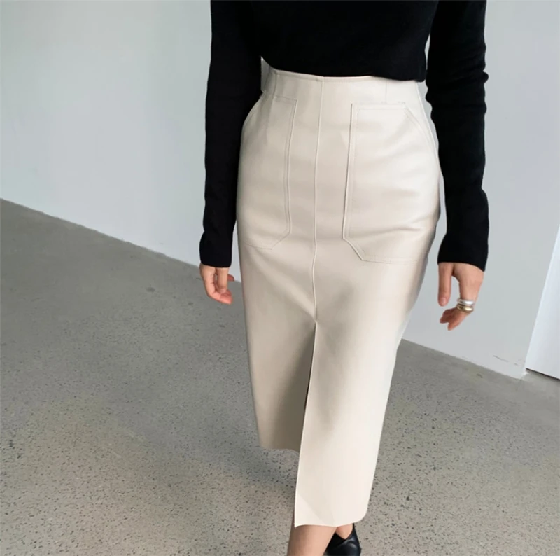 New 2020 Spring Women PU Leather Skirts High Waist Pockets Package Hip Skirt Female Front Split Zipper Midi Pencil Skirts