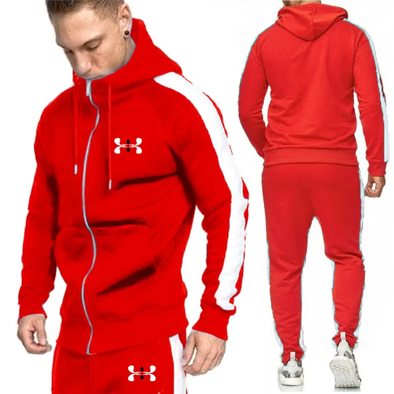 Брендовая мужская новая спортивная одежда с капюшоном из двух частей, осенняя и зимняя одежда для бега, бега, фитнеса, куртка на молнии с капюшоном, мужской костюм
